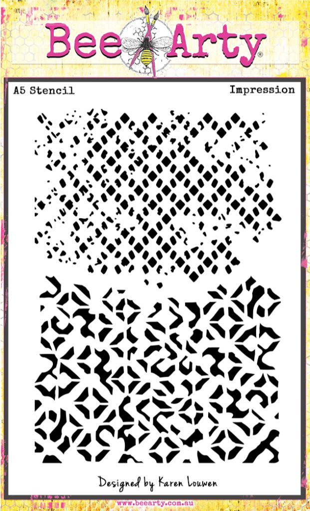 Bee Arty Impression A5 stencil featuring geometric diamond confetti pattern transitioning to mosaic tile design from Measured Moments Collection by Karen Louwen