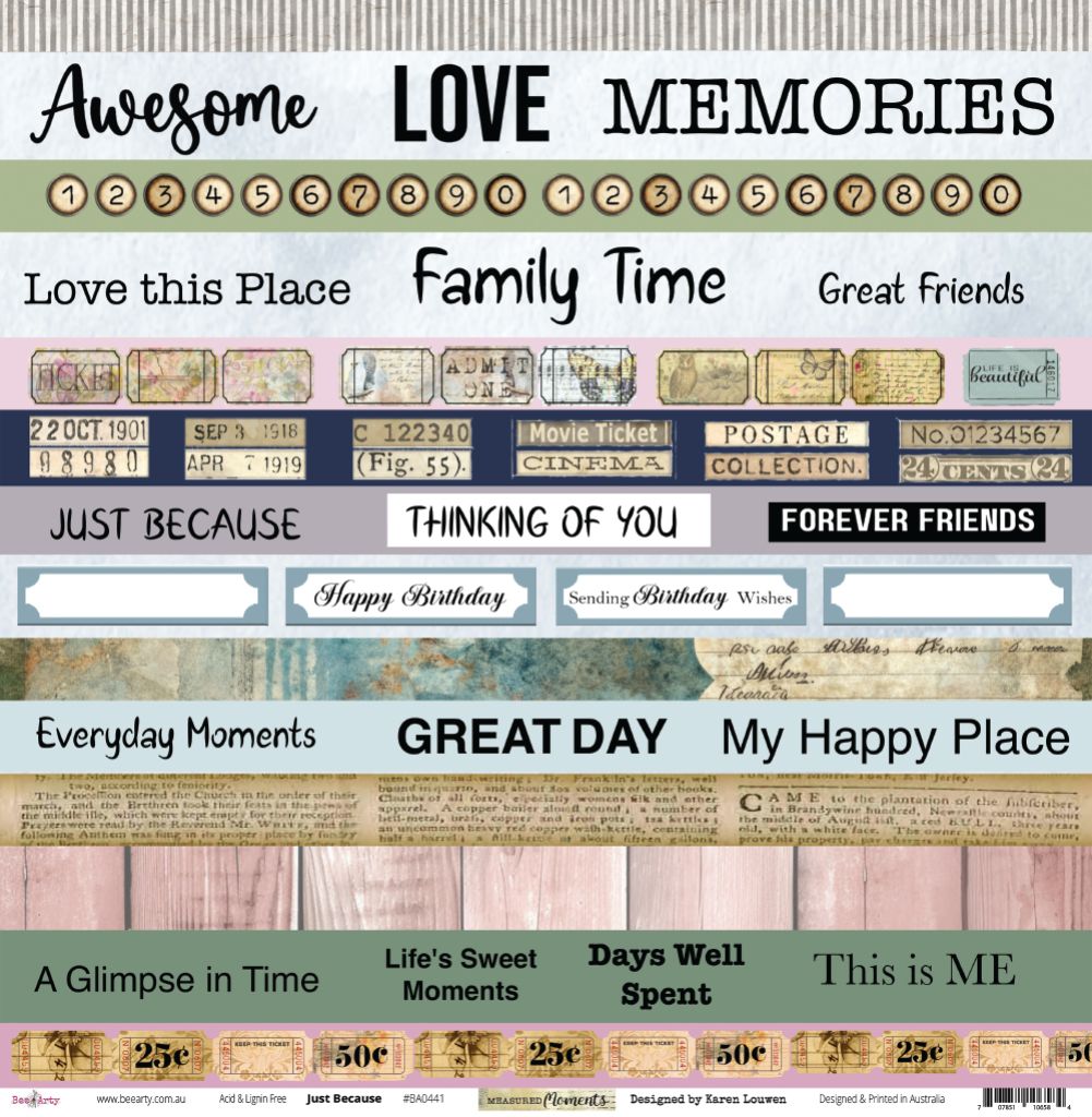Bee Arty Just Because 12x12 paper featuring sentiment strips including Awesome, Love, Memories, Family Time, Great Friends, Happy Birthday, Everyday Moments, Great Day with vintage tickets, numbered circles, date stamps and striped border in sage green, blue-grey, cream, pink and teal from Measured Moments Collection by Karen Louwen