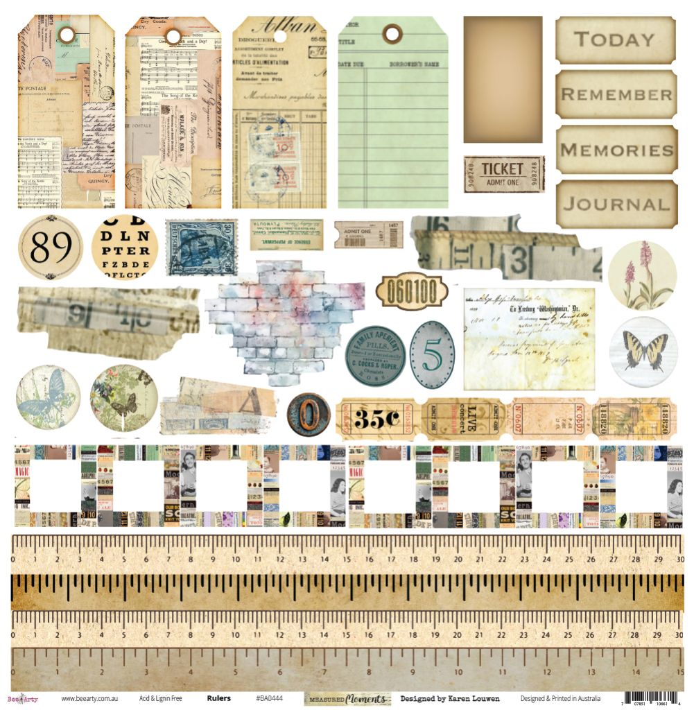 Bee Arty Rulers 12x12 paper front featuring vintage fussy-cut elements including tags, tickets, word labels Today Remember Memories Journal, number 89, eye chart, botanical sprig, butterfly, brick textures, circular badges and four ruler designs in white, yellow, cream and kraft from Measured Moments Collection by Karen Louwen