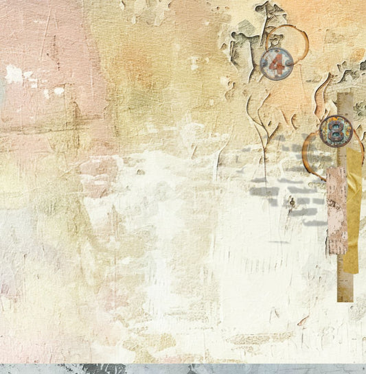 Bee Arty Rulers 12x12 paper reverse featuring soft weathered background in cream, pale yellow and white with gentle distressed textures from Measured Moments Collection by Karen Louwen