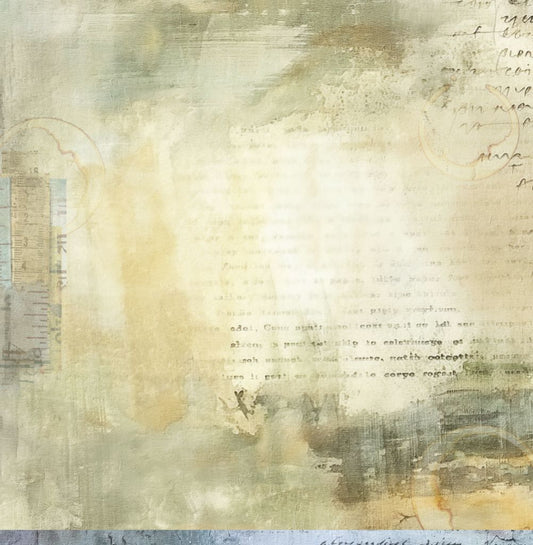 Bee Arty Sunset Glow 12x12 paper reverse featuring soft golden glow radiating from centre in cream, pale yellow and sage green with weathered textures and faded script from Measured Moments Collection by Karen Louwen