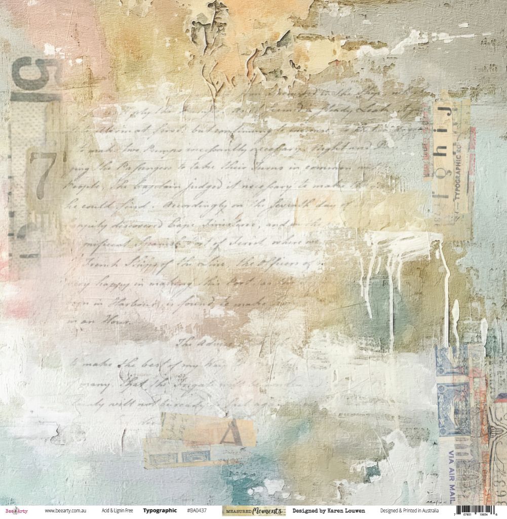 Bee Arty Typographic 12x12 paper front featuring layered vintage handwritten script in brown ink with large numbers 5 and 7, vertical text strips, weathered textures in peachy-pink, cream, yellow, sage green and dusty blue with ruler markings and ephemera from Measured Moments Collection by Karen Louwen