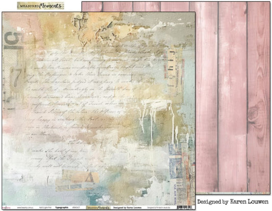 Bee Arty Typographic 12x12 double-sided paper showing vintage script and ephemera front with soft pink weathered wood plank reverse from Measured Moments Collection by Karen Louwen