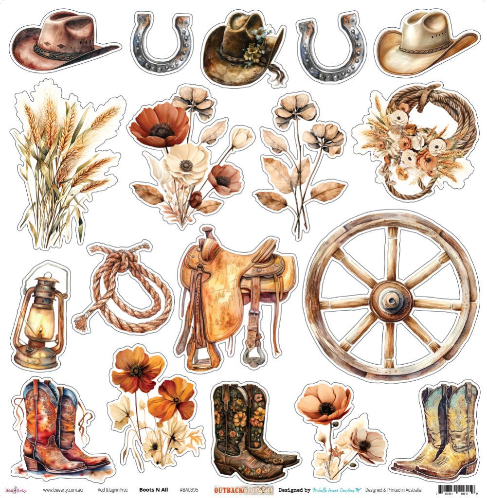 Boots n All paper front side featuring watercolour akubra hats, horseshoes, cowboy boots, wheat, saddles, wagon wheels, lanterns and wildflowers