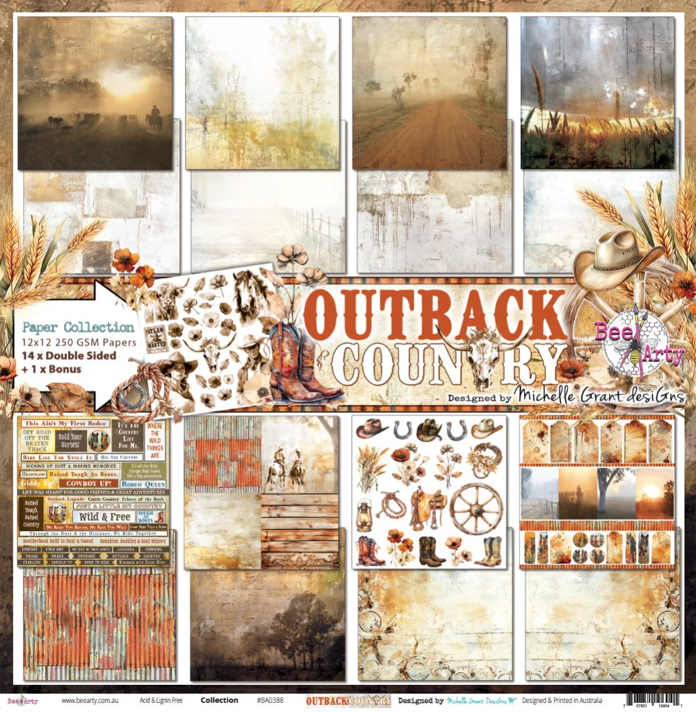 Outback Country cover sheet front displaying complete collection overview with atmospheric scenes, weathered textures and country elements