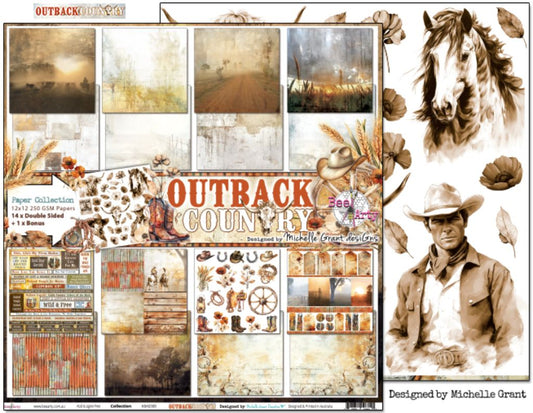 Bee Arty Outback Country cover sheet 12x12 showing collection overview with landscape scenes, textures and icons, plus reverse preview