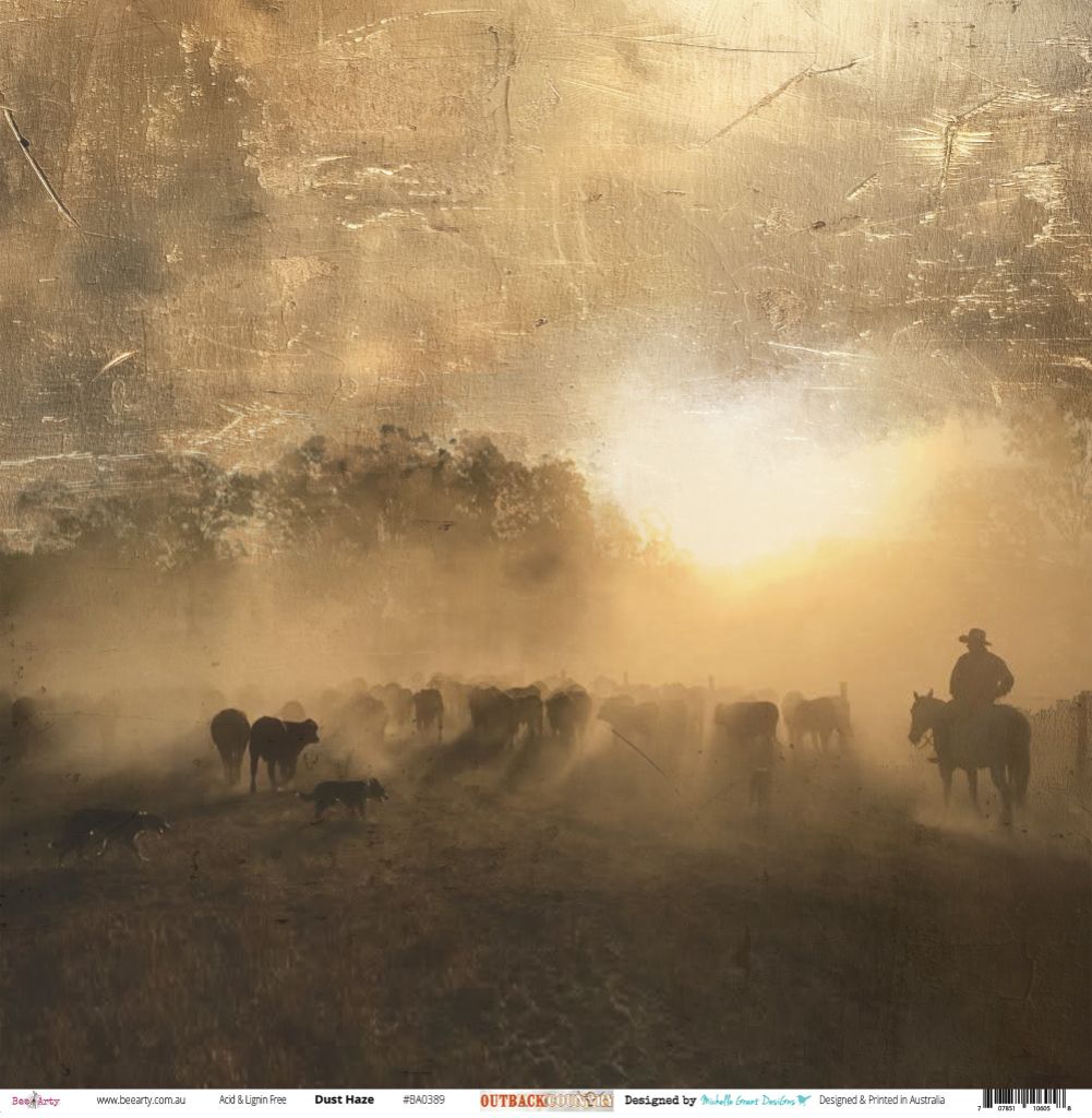 Dust Haze paper front side featuring dramatic scene of stockman on horseback mustering cattle through golden dust haze in Australian outback