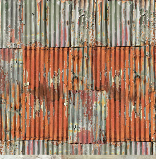 Giddy Up paper reverse side with realistic weathered corrugated iron texture in rusty orange and aged green with peeling paint