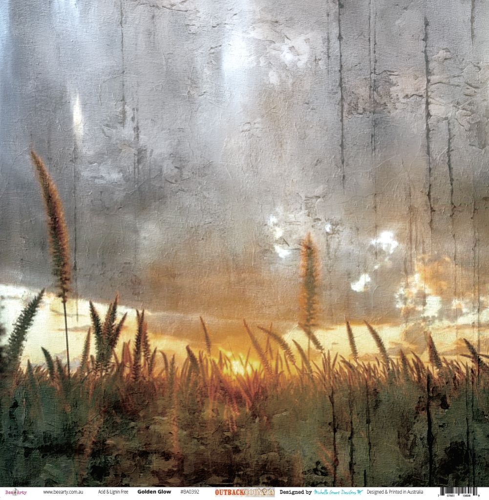 Golden Glow paper front side featuring backlit wheat and native grasses silhouetted against luminous golden sunset sky with weathered timber