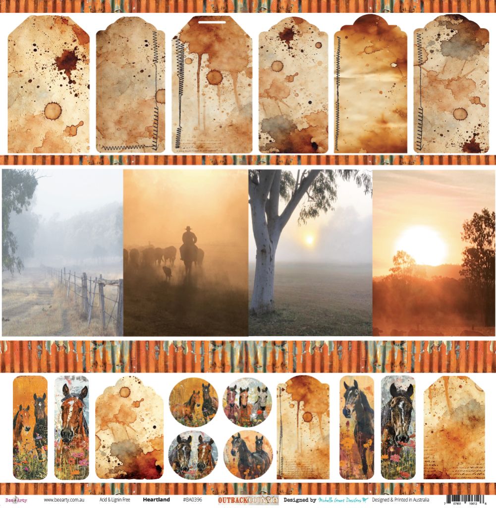 Heartland paper front side featuring collage of vintage tags, misty fence lines, golden sunsets, stockmen on horses, gum trees and horse portraits