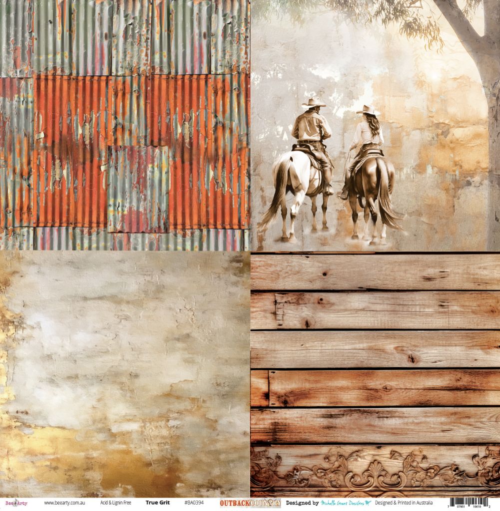True Grit paper front side featuring weathered corrugated iron, stockmen riders, rustic timber planks and vintage ornate details