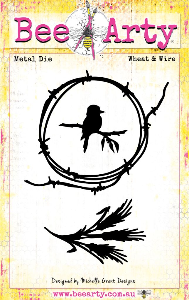 Bee Arty Wheat and Wire metal die set showing kookaburra bird in barbed wire circle frame and wheat stalk from Outback Country Collection