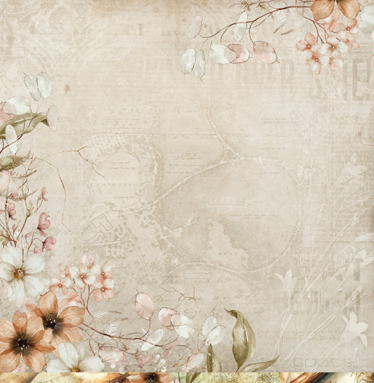 Reverse side of Bee Arty Potions and Posies Apothecary's Table 12x12 paper showing soft blush linen texture with ghosted vintage map and delicate floral clusters in upper right and lower left corners
