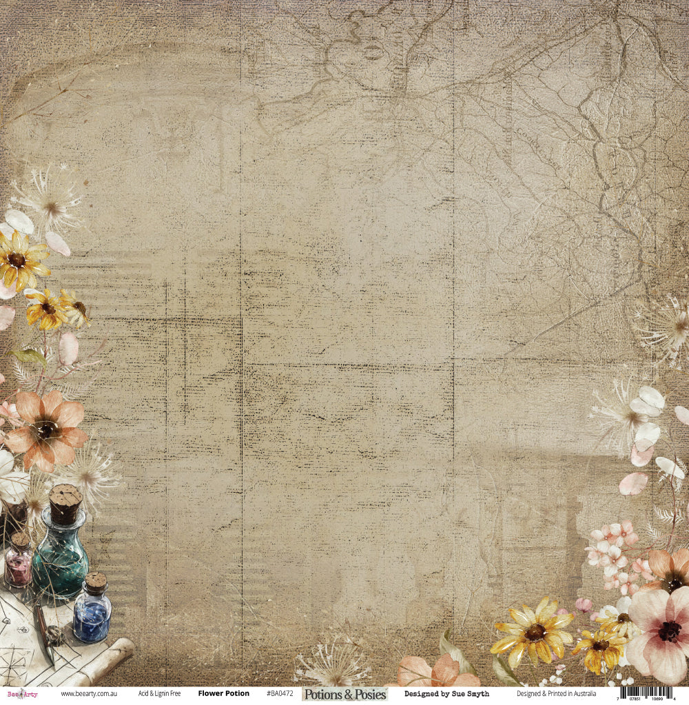 Front side of Bee Arty Potions and Posies Flower Potion 12x12 paper showing aged parchment background with vintage map bare branches and floral potion bottle corner clusters