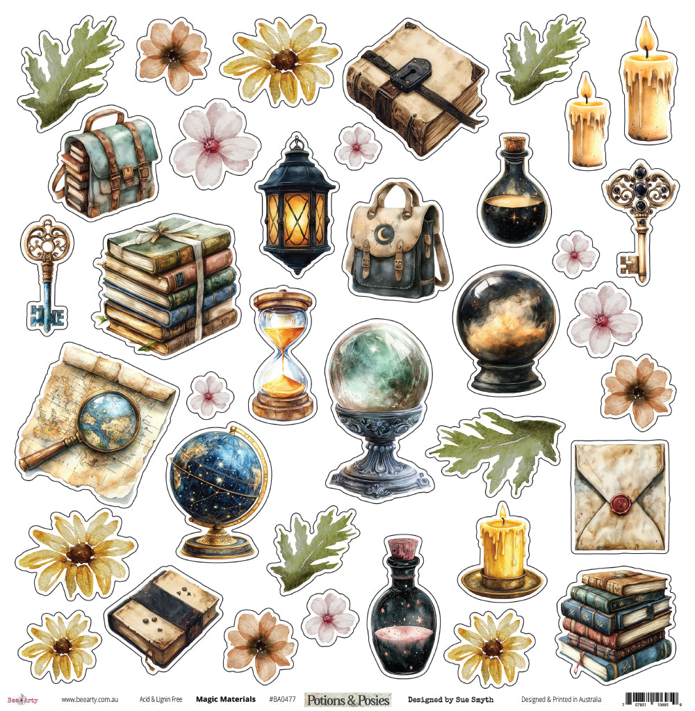 Front side of Bee Arty Potions and Posies Magic Materials 12x12 paper showing watercolour fussy cut elements including crystal balls potion bottles books keys lantern and florals