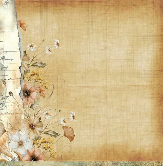Reverse side of Bee Arty Potions and Posies Pressed Flowers 12x12 paper showing warm linen texture background with torn vintage map edge and cascading floral cluster