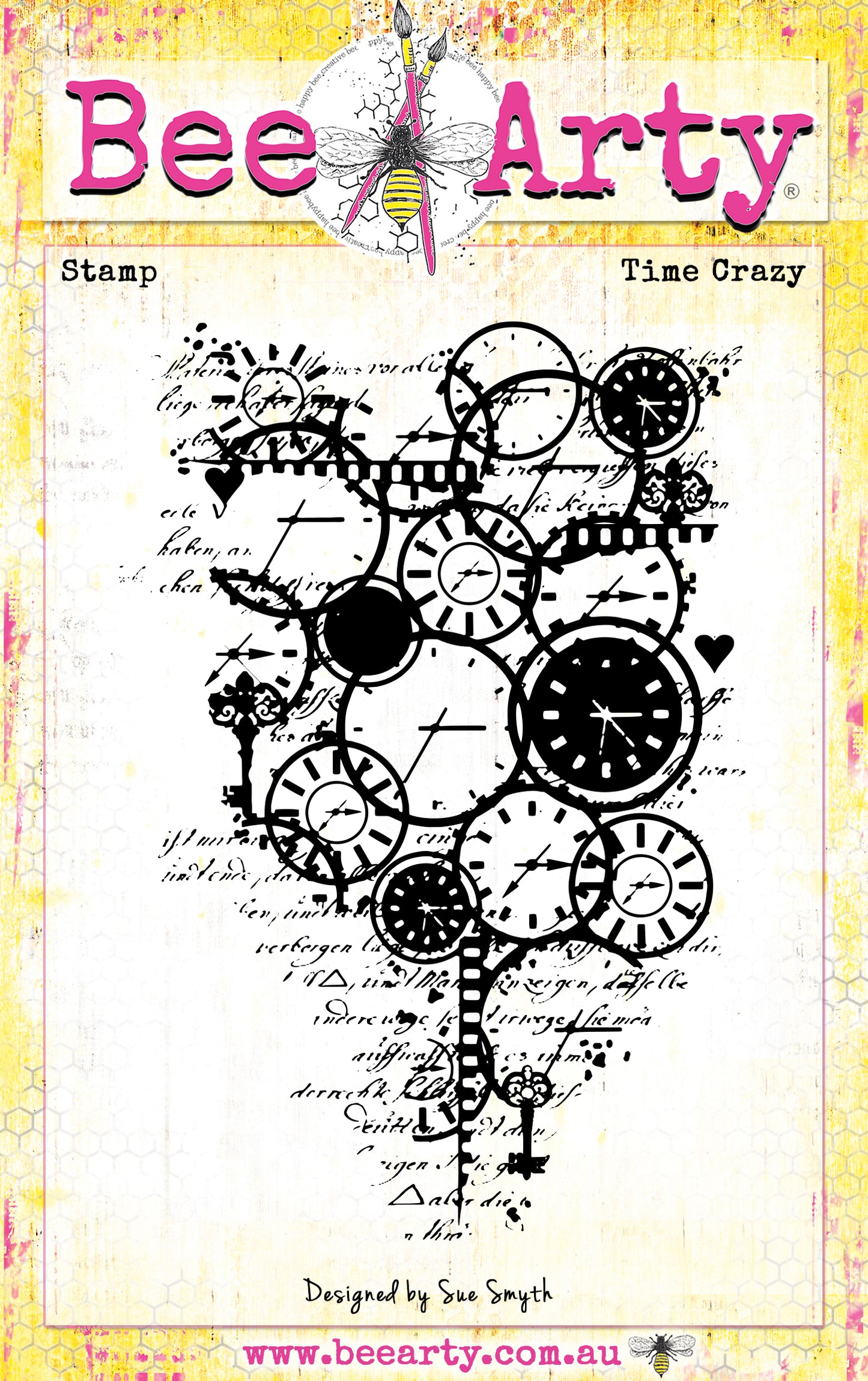 Bee Arty Time Crazy clear stamp showing overlapping clock faces vintage script and ornate key details from the Potions and Posies collection