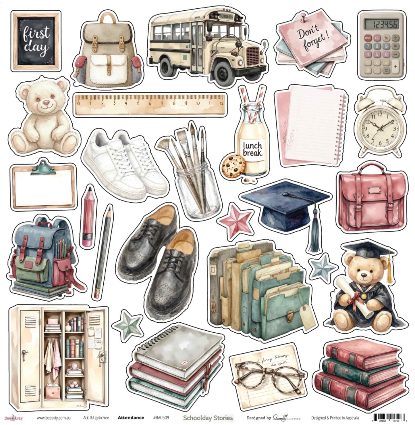 Bee Arty Schoolday Stories Attendance 12x12 scrapbooking paper - front side featuring watercolour school-themed illustrations including a school bus, backpacks, books, shoes, graduation bear, locker and stationery items, designed for fussy cutting