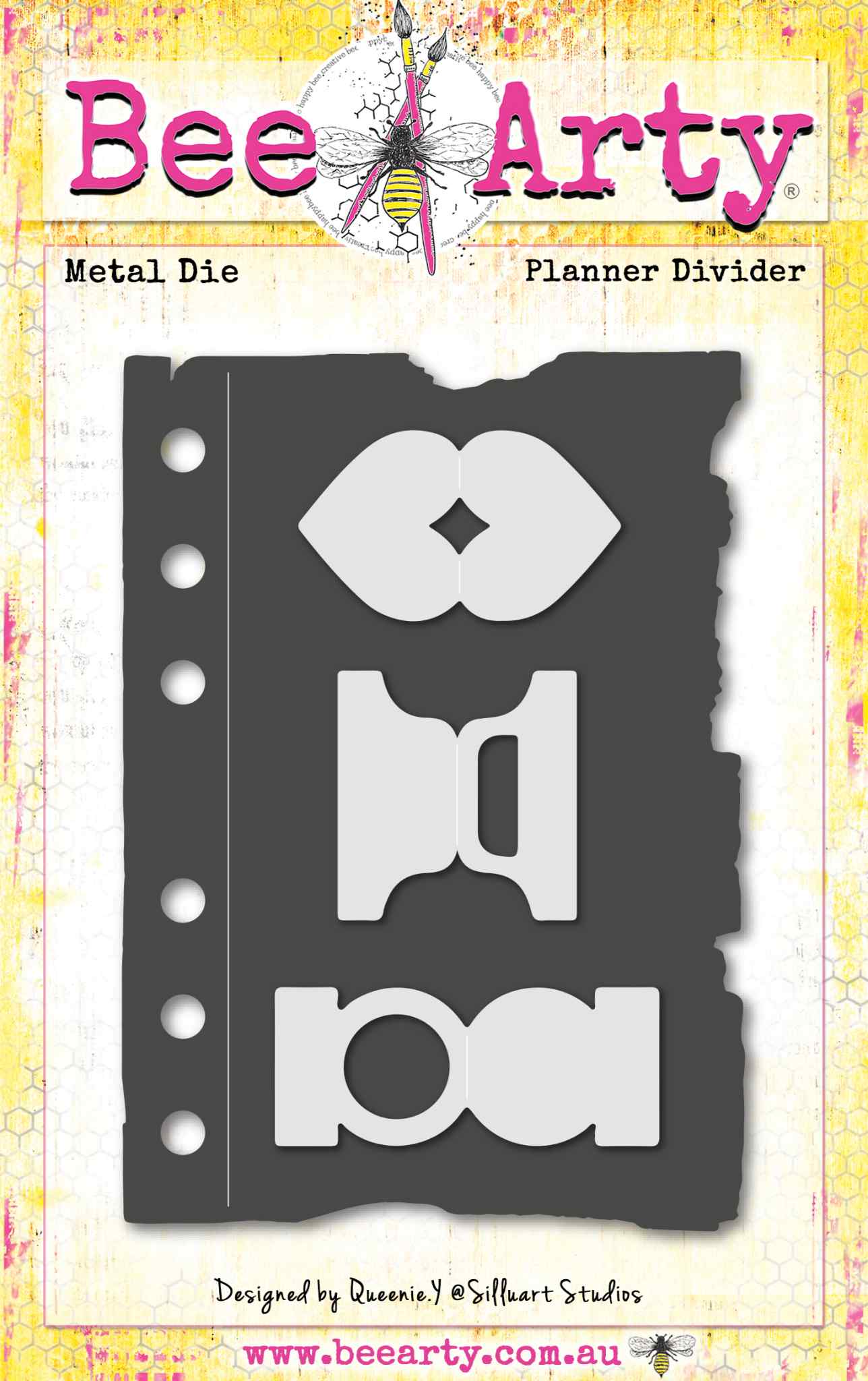 Bee Arty Planner Divider Die Set designed by Queenie Y, featuring a large planner page die approx 10x14cm with deckled torn edges and ring binder holes, plus three fold-over tab dies in heart, traditional divider and round shapes