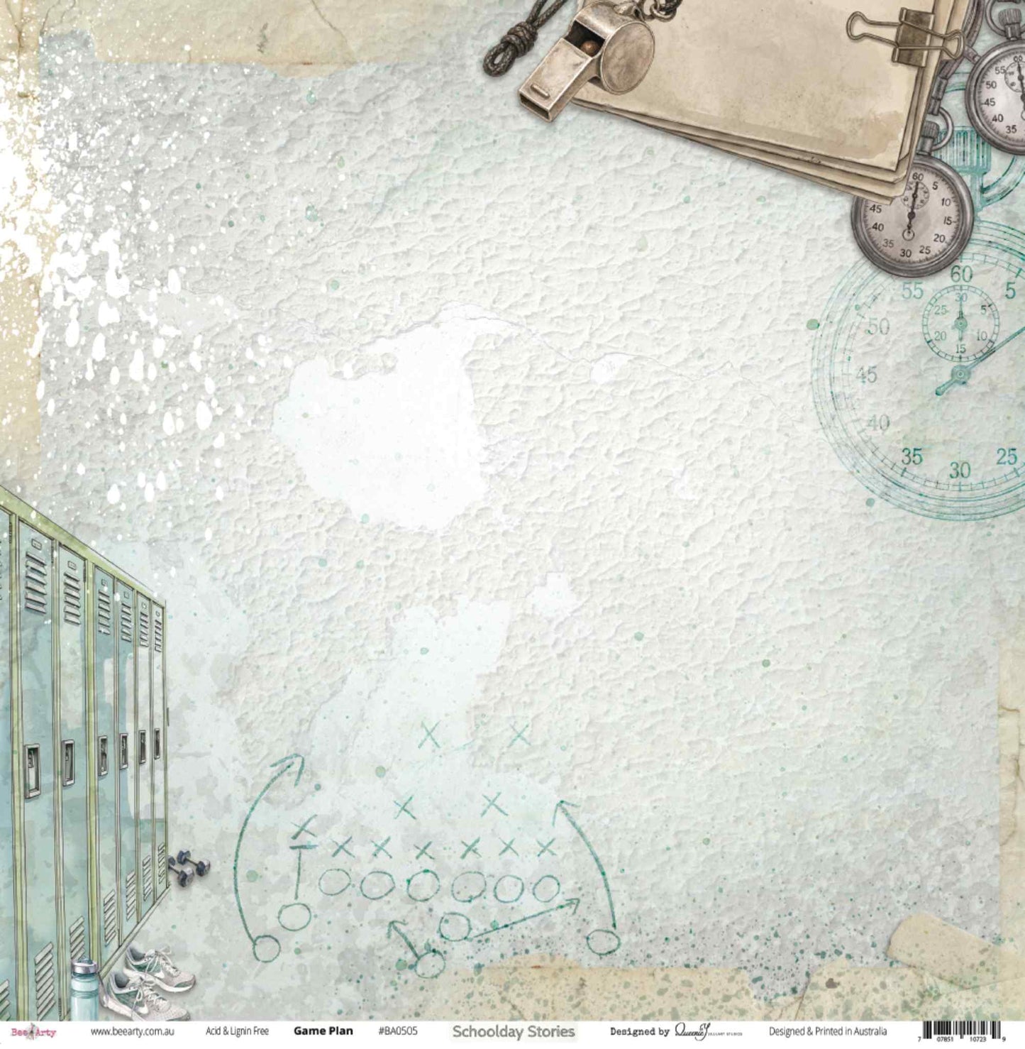 Bee Arty Schoolday Stories Game Plan 12x12 scrapbooking paper - flat lay of front side showing soft pearlescent aqua watercolour background with school locker room, coach's whistle, clipboard, stopwatches and faint play diagram