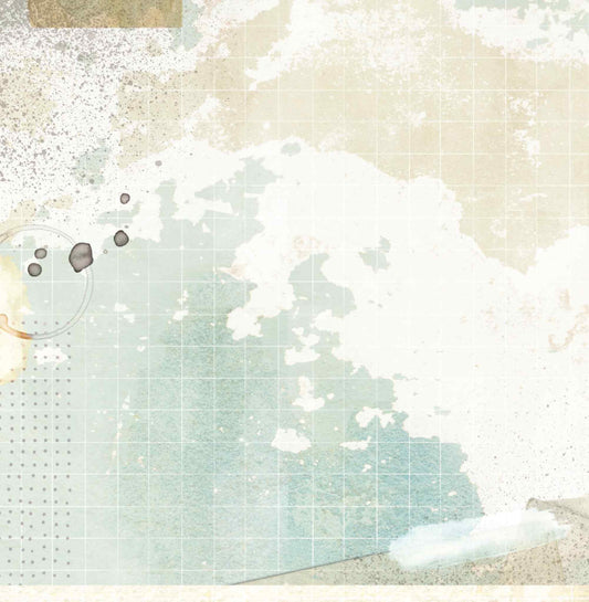 Bee Arty Schoolday Stories Instant Snaps 12x12 scrapbooking paper - reverse side with layered watercolour wash background in sage, cream and dusty blue with subtle grid overlay