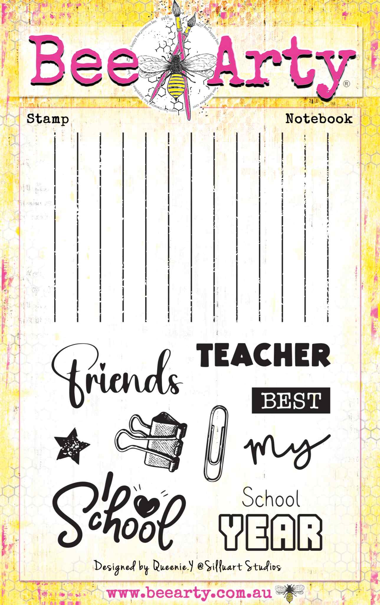 Bee Arty Notebook clear stamp set designed by Queenie Y, featuring a ruled lines stamp approx 7x10cm and individual stamps including star, binder clip, paper clip and sentiments friends, Teacher, Best, my, School and School Year on an approx 11x16cm sheet