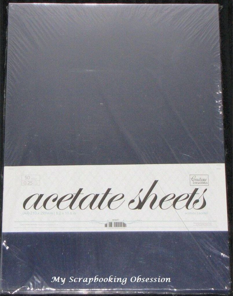 Packaged acetate sheets with branding on a dark background