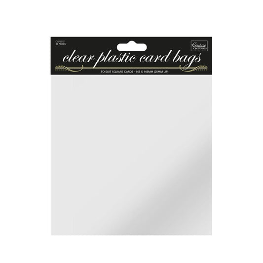 Couture Creations clear plastic card bags pack showing self-sealing bags for 145x145mm square cards with black header