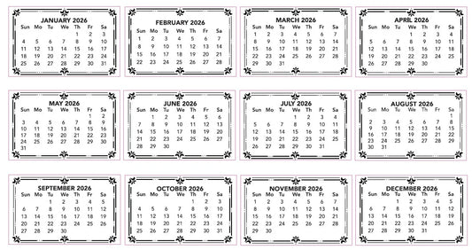 All 12 months of 2026 calendar tabs from Couture Creations showing decorative borders and complete monthly grids