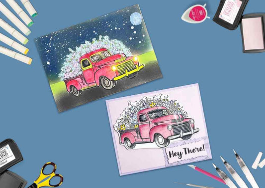 Two handmade cards featuring the Spring Truck stamp set, including a pink floral pickup truck card with a Hey There! greeting and a colourful night scene