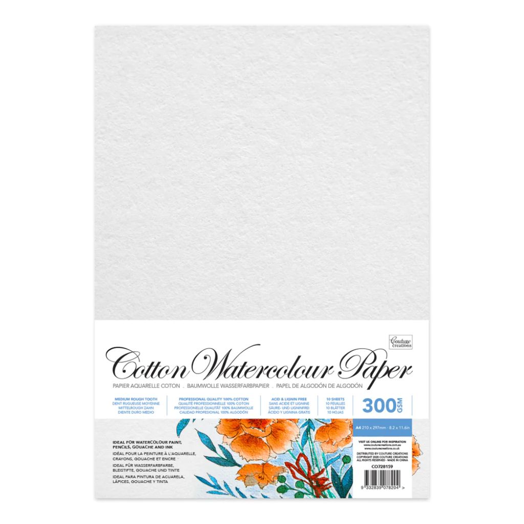 Cotton watercolour paper pack with floral design on a white background. 300gsm, A4.