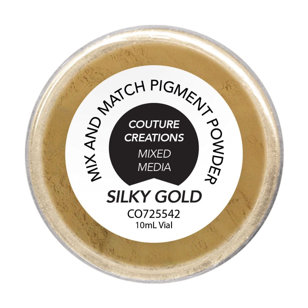 Couture Creations Silky Gold pigment powder in a round container with a white label.