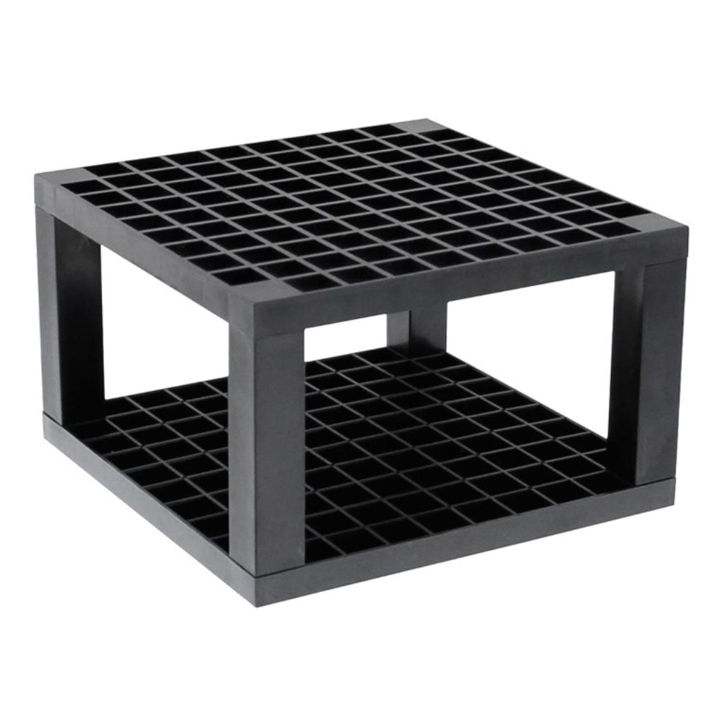 Empty black 2-tier pen stand showing grid pattern design and open sides for easy access to craft tools