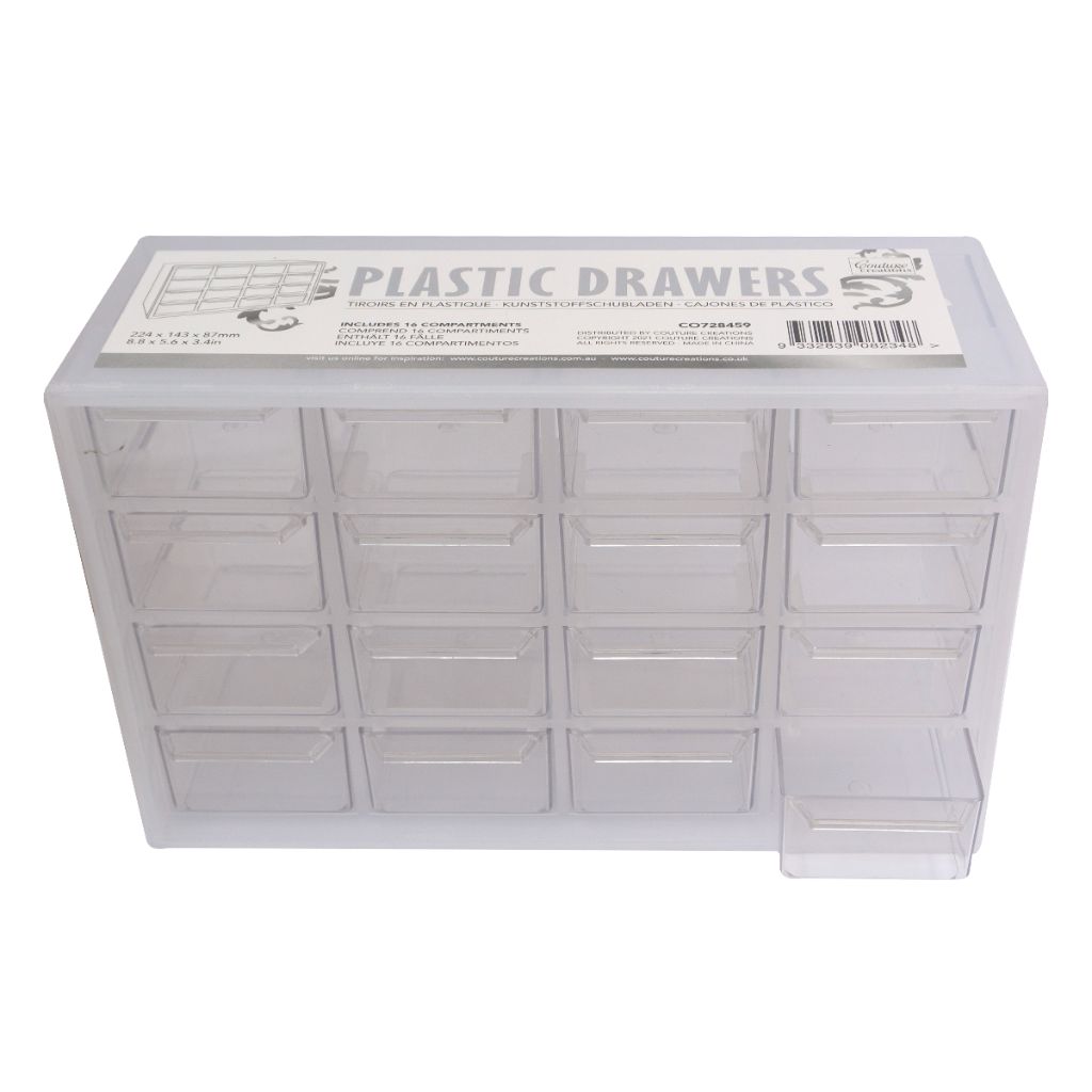 Plastic storage drawers with one drawer pulled out showing 50x30x65mm compartment size perfect for embellishments and beads