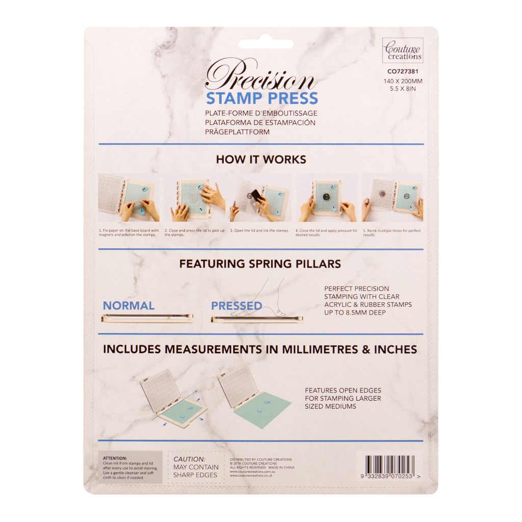 Package of Precision Stamp Press with directions for use and images on a white background