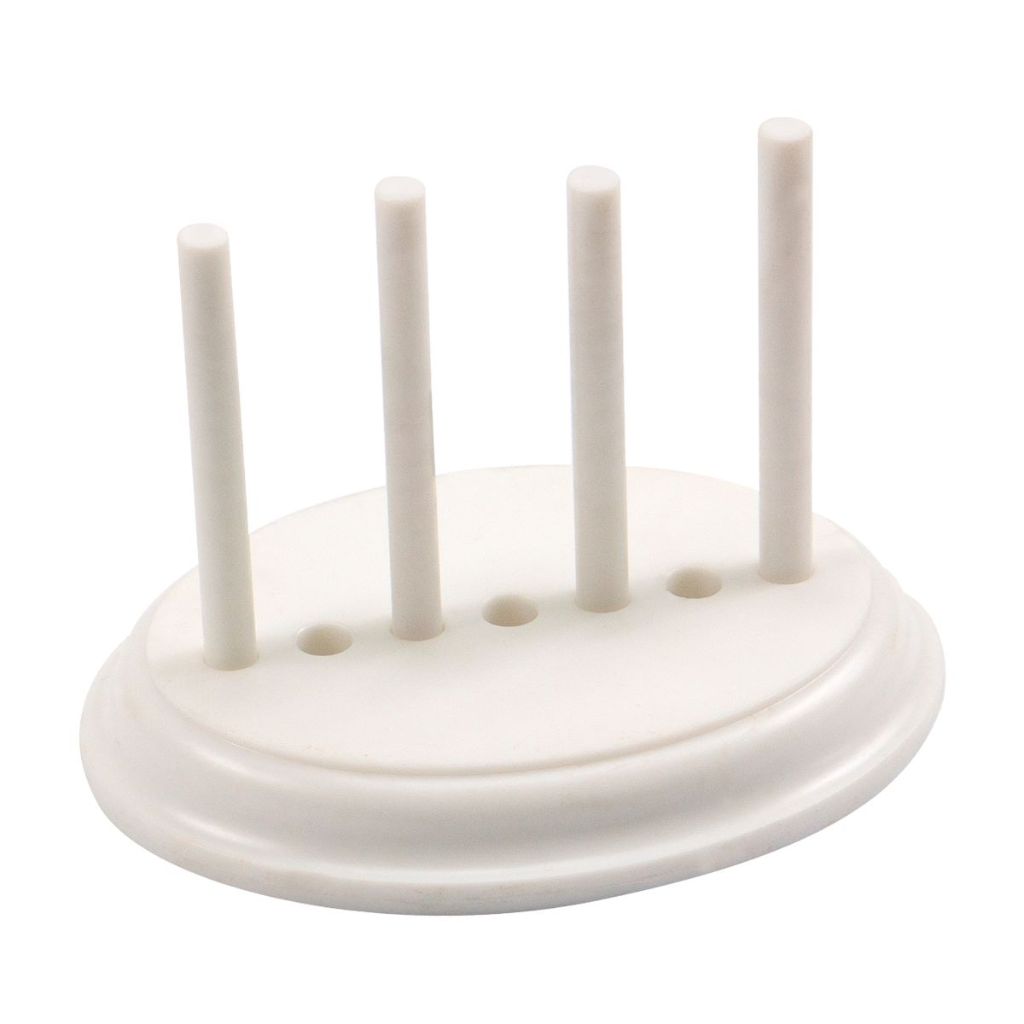 Side view of white oval ribbon frame base with 4 adjustable white pillars in different positions for custom bow sizes