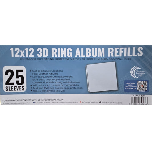 Couture Creations 12x12 3D Ring Album Refills 25 Sleeves – product label showing CO725400 barcode and features