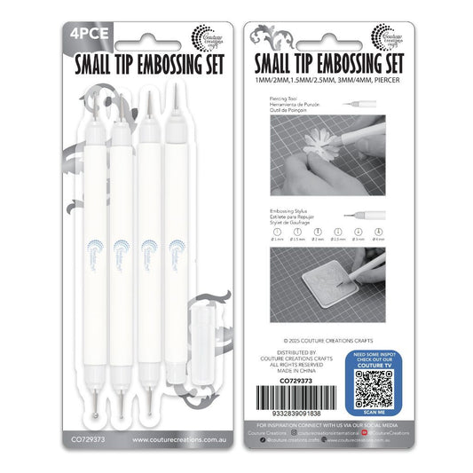 Small tip embossing set packaging with tools and instructions on a white background