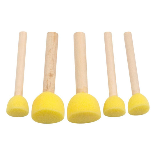 Five yellow foam brushes with wooden handles on a white background