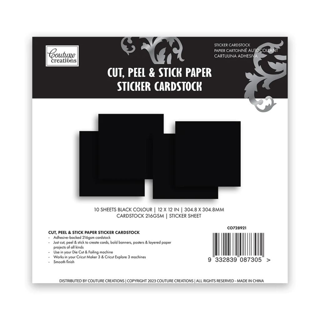 Couture Creations cut, peel & stick paper sticker cardstock packaging with black stickers.