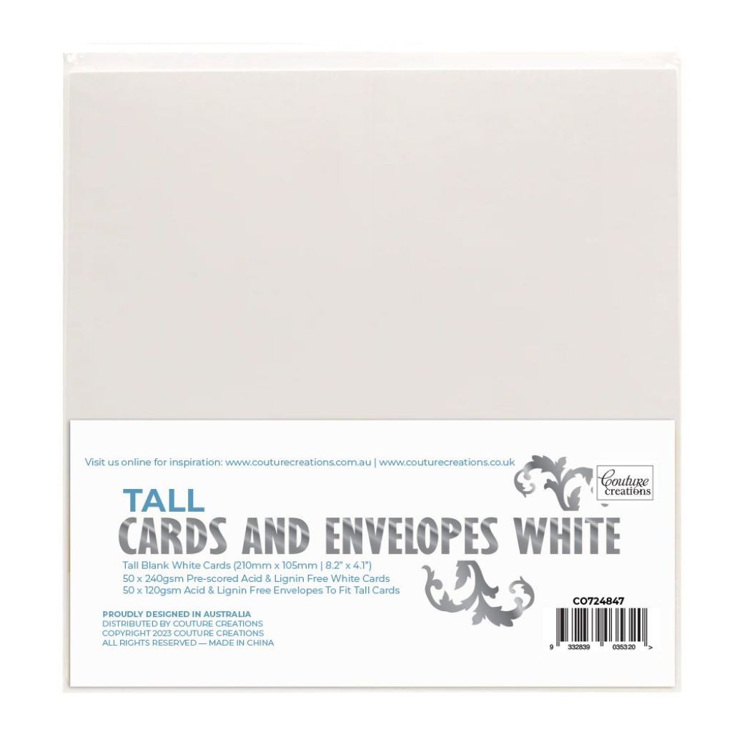 White Large DL cards and envelopes packaging with Couture Creations branding and product details.