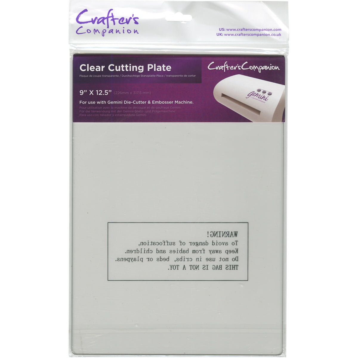 Crafter's Companion Gemini Clear Cutting Plate 9 x 12.5 inches in retail packaging showing transparent cutting plate for die-cutting and embossing machine