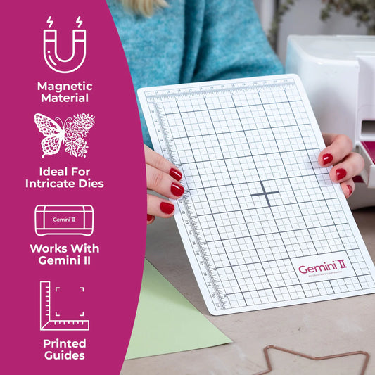 Gemini II magnetic shim with printed guides and measurement rulers ideal for intricate dies and precise placement