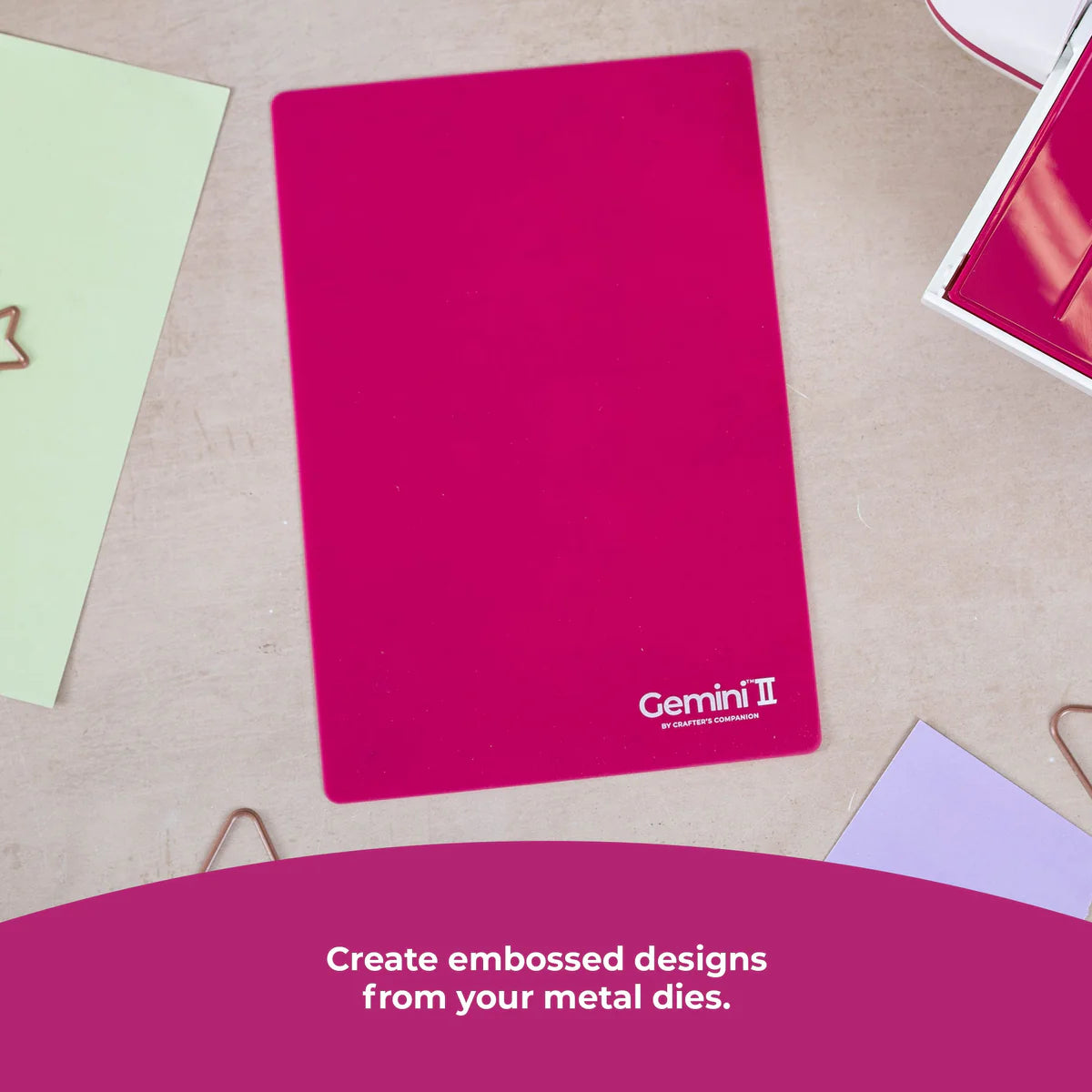 Gemini II rubber embossing mat on craft table with text create embossed designs from your metal dies
