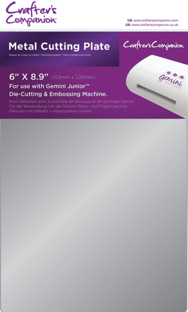 Crafter's Companion Gemini Junior metal cutting plate packaging showing 6x8.9 inch magnetic plate for die cutting machines