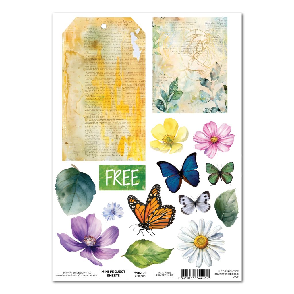 3Quarter Designs Fluttering Wings Mini Project Sheet — A4 cut-apart sheet featuring watercolour butterflies, florals, leaves and aged journal-style backgrounds