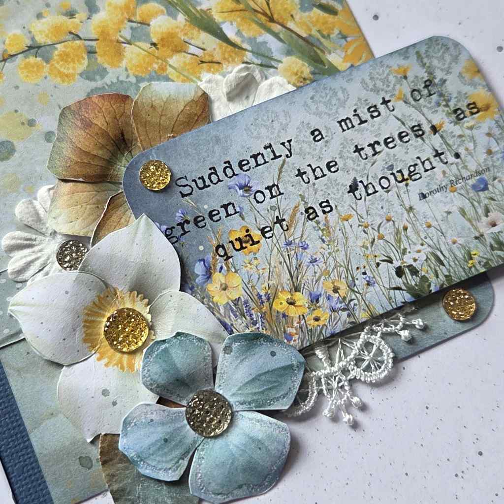 Close-up of right page cluster on Honey Fields scrapbook layout kit featuring white and blue flowers, glitter gem accents and botanical quote tag