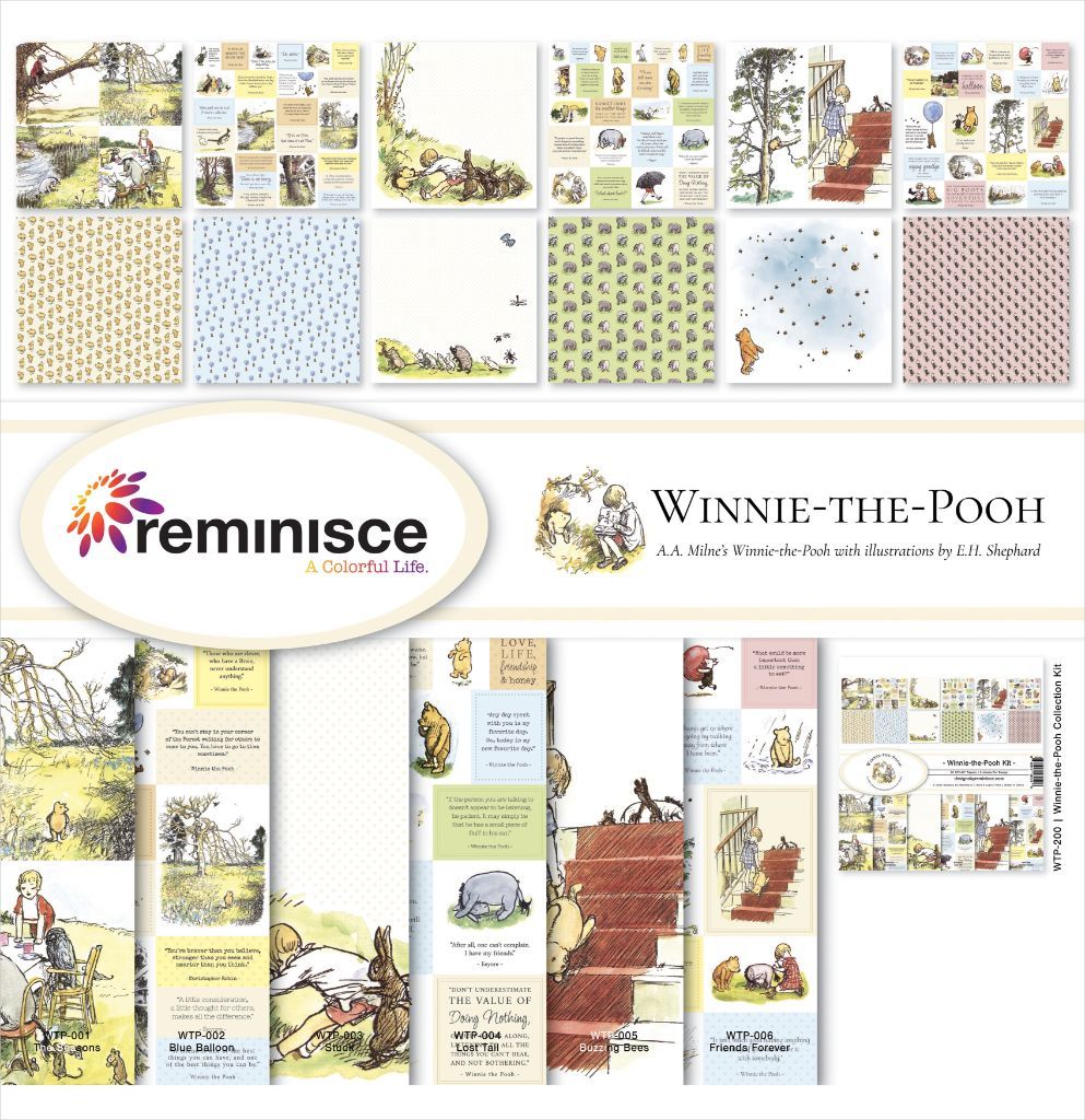 Reminisce Winnie-the-Pooh 12x12 Scrapbook Collection Kit showing all 6 double-sided paper designs including The Seasons, Blue Balloon, Stuck, Long Tail, Buzzing Bees and Friends Forever
