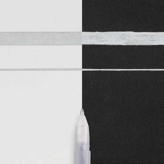 Sakura Gelly Roll metallic silver gel pen solid coverage sample showing opaque metallic finish on dark paper