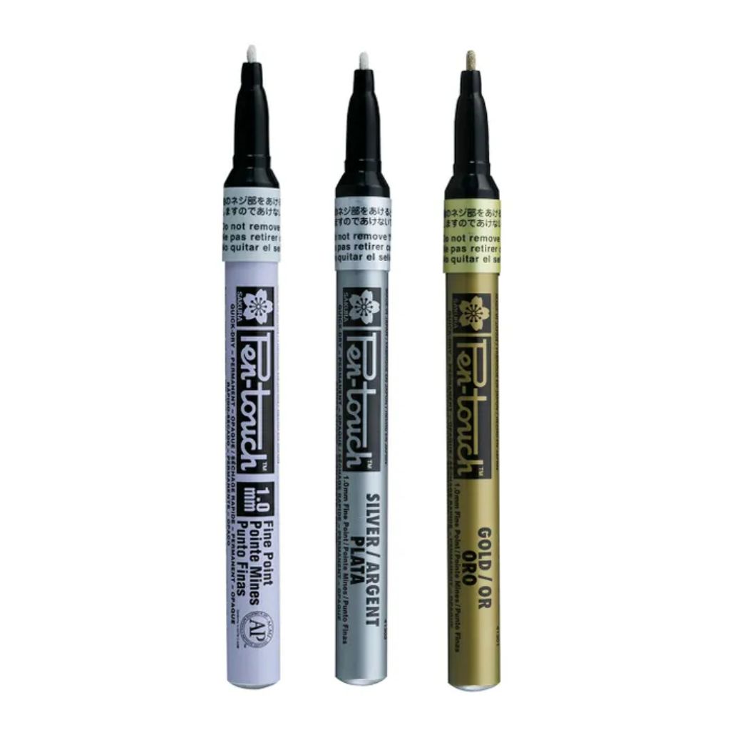 Sakura Pen-touch paint markers in white, silver and gold for metallic accents on card making and paper crafts